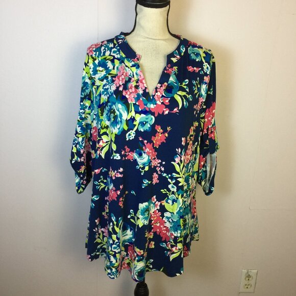 New! A. Jesdani Blouse Tunic Top 2X Womans Blue Floral 3/4 Roll Tab Sleeve - Picture 1 of 14